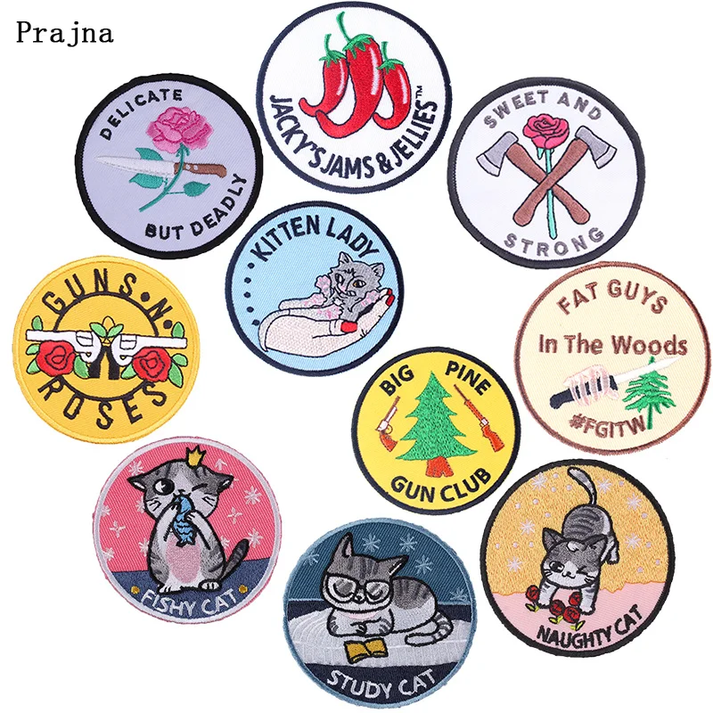 

Prajna Gun Hippie Round Patches Embroidered Patch For Cloth Badge Iron On Stickers On Clothing Stripes Applique Cute Cat Patch F