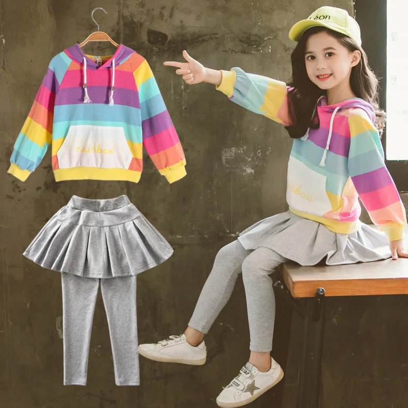 Style Two Одежда в радужную полоску для девочек; сезон весна-осень; комплект детской одежды для подростков; толстовка с капюшоном; леггинсы; Детские костюмы из 2 предметов - Цвет: Style Two