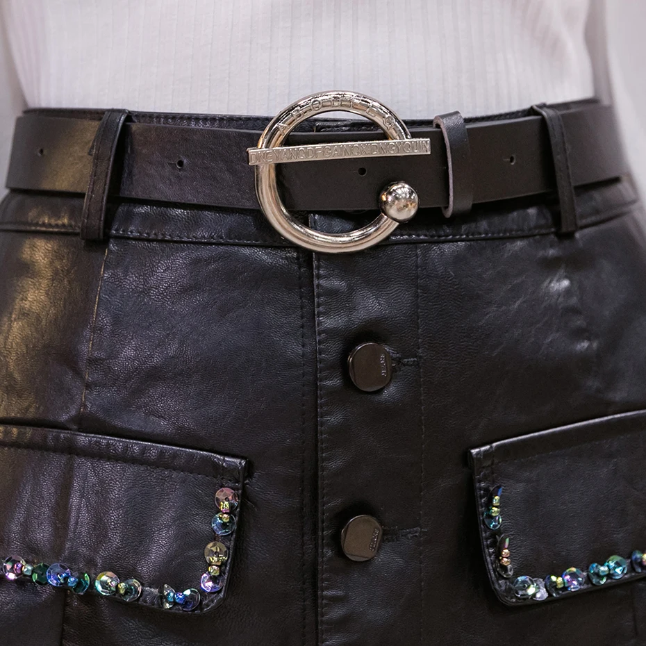 QoerliN Handmade Beaded PU leather Skirts Women High Waist Slim Skirt Mini Skirts Shorts with Lining A-line Saia  No Belt