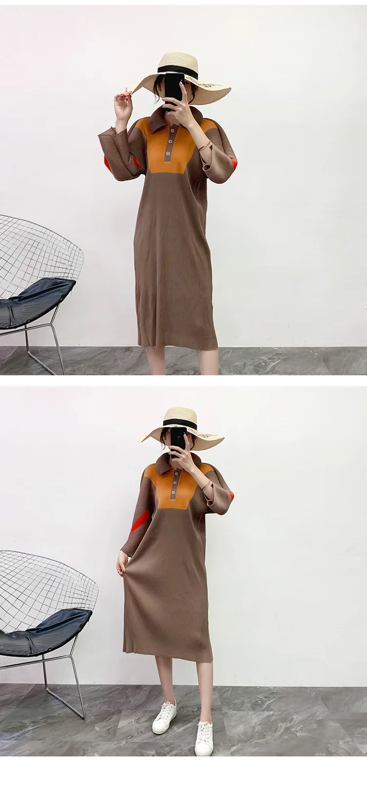 Miyake Плиссированное элегантное платье до середины икры офисное женское платье с отложным воротником лоскутное платье размера плюс новые зимние женские платья со складками