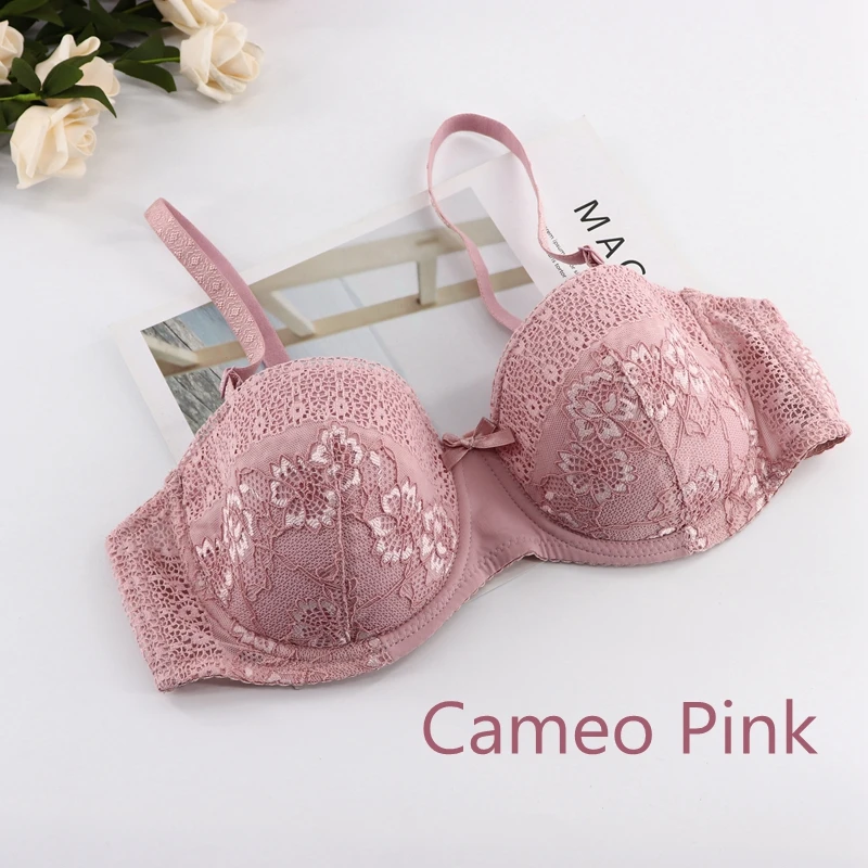 Cameo Pink PariFairy Underwired Support Push Up Bra Solid Floral Lace Embroidery Cotton Padded Sexy Underwear A B C D Plus Size 34 36 38 40 - Цвет: Cameo Pink
