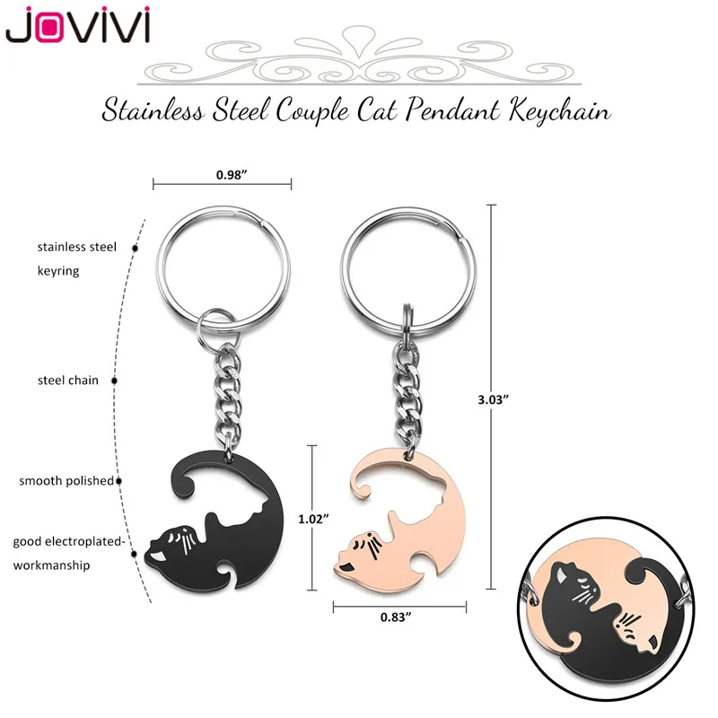 Jovivi, новинка, 2 шт., Инь-Ян, кот, подходящий, милый кот, пазл, брелок для ключей, нержавеющая сталь, брелок для домашних животных, брелок для влюбленных пар