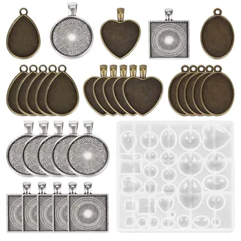 

31 Pieces 5 Styles Pendant Trays Round & Square Heart & Teardrop & Oval,And 1 Pcs Jewelry Casting Molds For Pendant Crafting