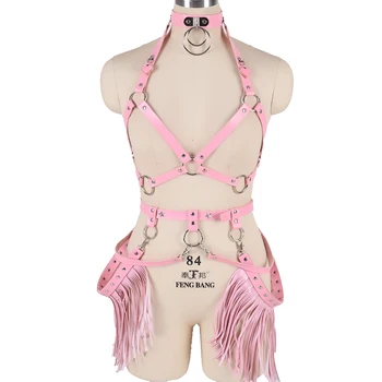 

Leather Harness Bra Set Punk Boho Tassel Waist Garter Belts Strap Top Cage Neck Body Bondage Festival Rave Dance Art Clothing