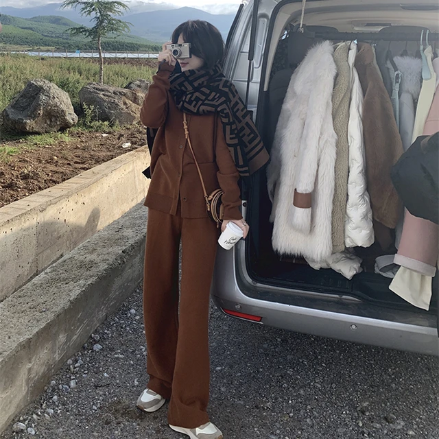 Autumn Winter Casual Knitted 2 Pieces Set Women Hooded Cardigans & Wide Leg Lace-up Knitted Pants Female Sweater Set Brown