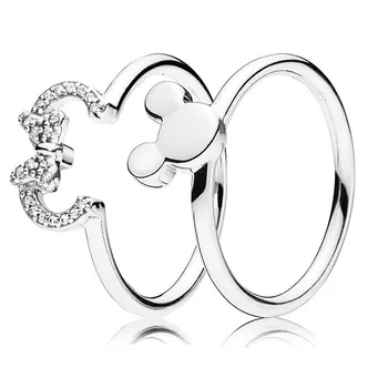 

Mickey & Minnie Silhouette With Crystal Ring Set 925 Sterling Silver Ring For Women Wedding Party Gift Fine Pandora Jewelry