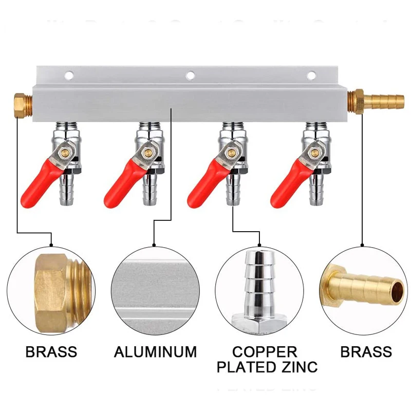 4-Way Fenteer Aluminum Alloy Gas Manifold Beer CO2 Distributor Air Manifold Splitter 5/16 Barb Fittings