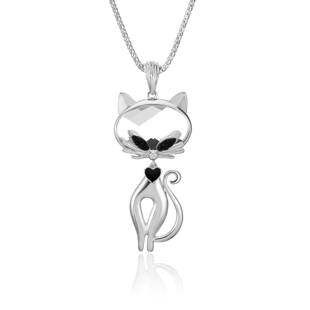 BigCrystalCatPendantNecklaceSilverColorLongChainNecklaceWomen