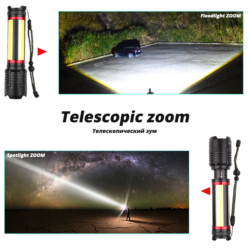 Newest portable Built-in 7200mAh XHP70.2+COB LED Flashlight 7 modes USB Rechargeable Zoom Waterproof Torch Lantern for Camping