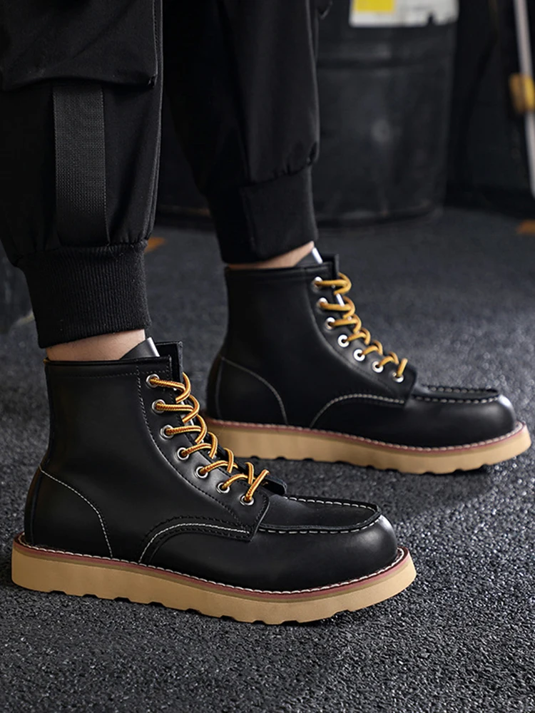 ZFTL Men Ankle Cow Leather Vintage Motorcycle Chelsea Boots Tooling Boots Winter Cotton Casual Retro Lace up Brown Leather boots Mens leather boots Motorcycle leather boots