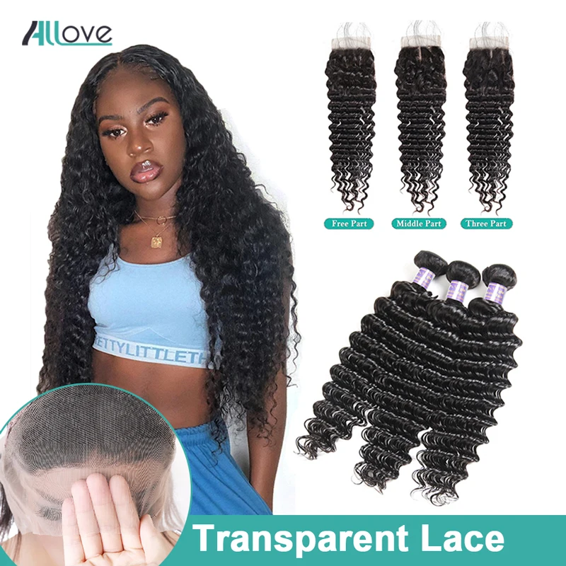 Allove Brazilian Deep Wave Bundles With Closure Transparent Lace