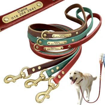 

120cm Dog Leash Custom Leather Dog Leash Nameplate ID Tag Collar Lead Pet Walking Lead For Small Medium Large Dogs K9 Pitbull