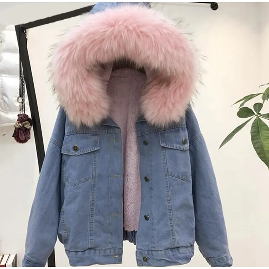 Women Denim Jacket Winter Thicken Fleece Outdoor Coat Faux Fur Collar Hooded Long Sleeve Denim Female Windproof Outwear#BL40