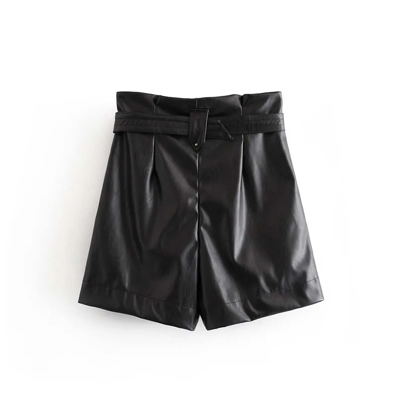 Women Black Faux leather paperbag shorts New arrival casual style With belt mini short Trousers Spring Autumn YNZZU YB384