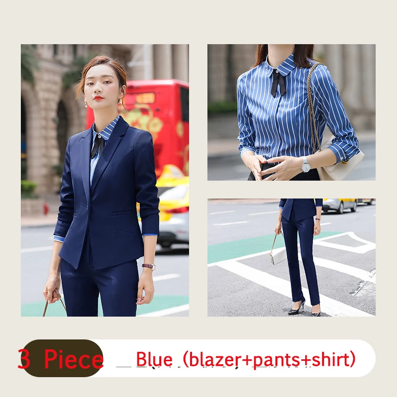 Blue 3 piece Женский деловой офисный женский костюм с брюками, осенне-зимний форменный Блейзер, пиджак, брюки, Элегантная черная Синяя Униформа, большие размеры - Цвет: Blue 3 piece