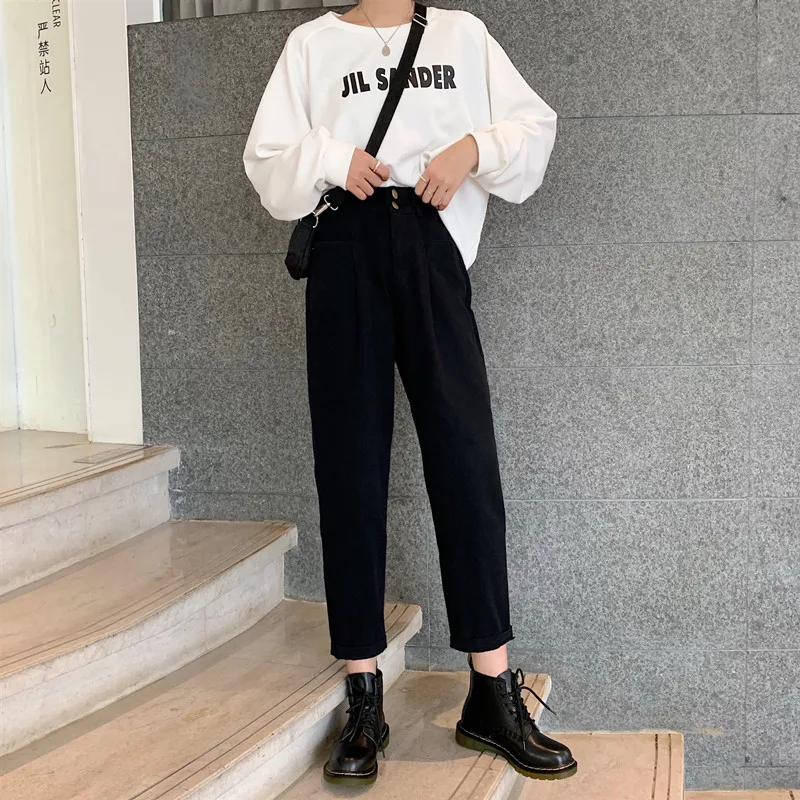 Джинсы женские шаровары черные с высокой талией свободные BF Свободные женские s брюки Harajuku корейский стиль Универсальные повседневные Ulzzang