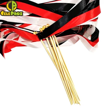 

50Pcs Black Red and White Ribbon Wands Twirling Wedding Ribbon Streamers Stick With Bell Send off Bell Wands