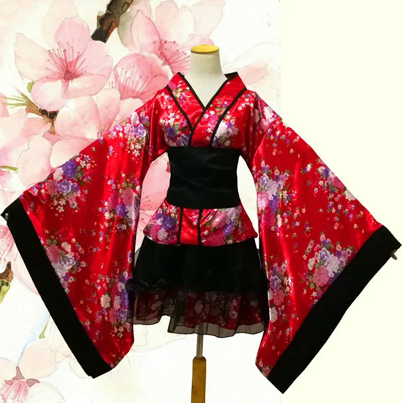 Women's Short Japanese Anime Lolita Cherry Sakura Flower Printing Kimono Maid Costumes Silk Yukata Fancy Dress S-3XL