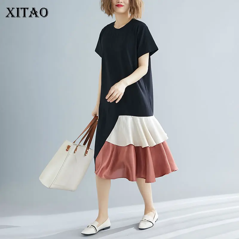 XITAO Irregular Hit Color Dress Fashion Pleated 2020 Spring Pullover Small Fresh Patchwork Casual Style DMY3896 | Женская одежда