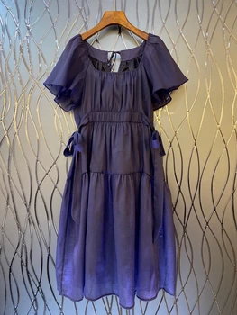 

2020 Spring and Summer New Women's Square Collar Back Lace-up Decorative Solid Color Short-Sleeve Dress 608