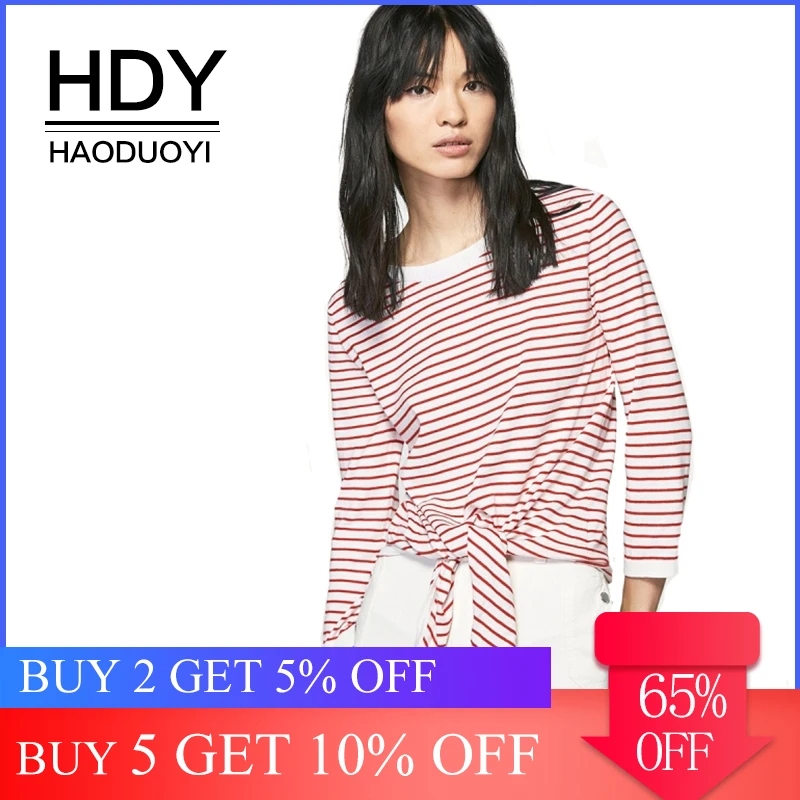 

HDY HaoDuoYi Casual Leisure Loose Three Quarter Sleeves Top Regular O-Neck 2019 New Fashion Women Bow Sweater Striped Pullovers