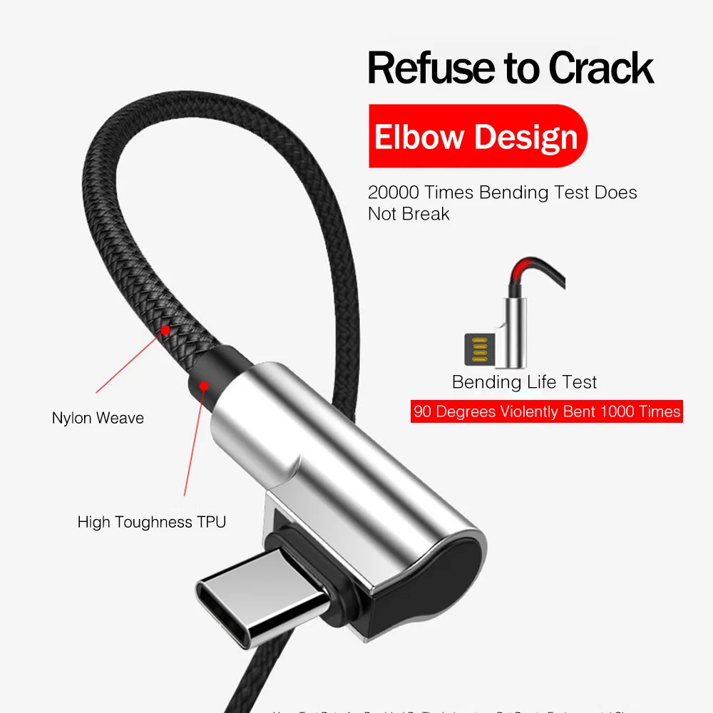 YKZ L образный кабель типа C Быстрая зарядка usb type-C кабель для передачи данных 90 градусов провод из цинкового сплава для samsung Xiaomi OnePlus USB C кабель