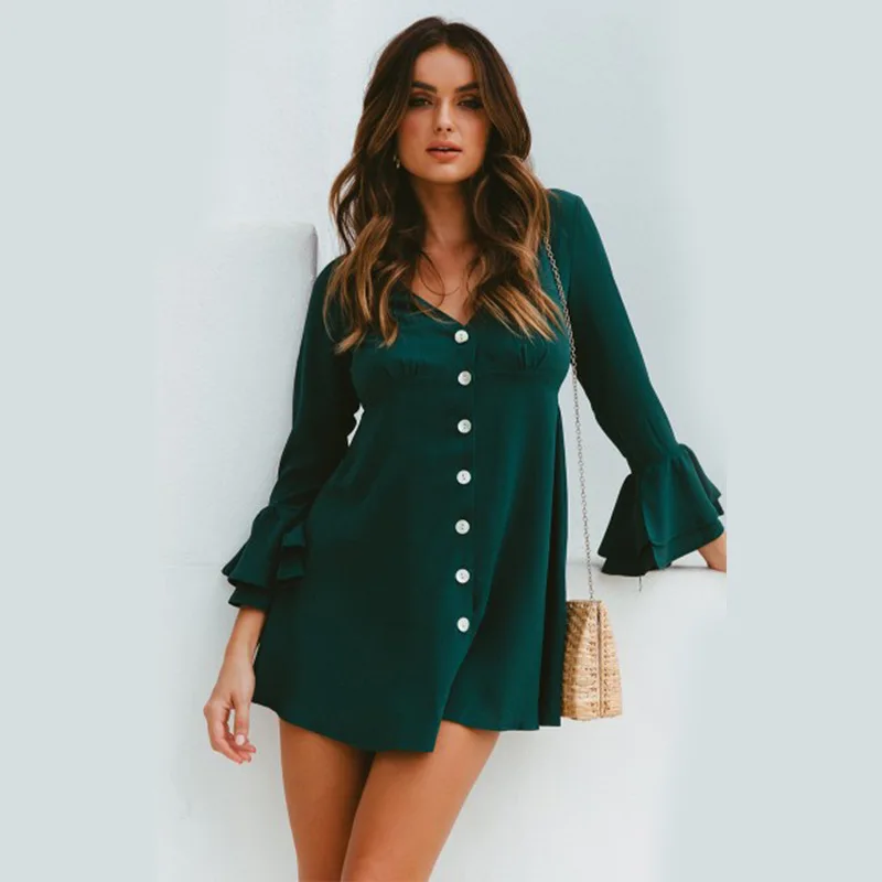 

Vintage A-Line Ruffles Sexy Mini Butterfly Sleeve V-Neck Autumn Solid Women's Laides High Waist Dresses