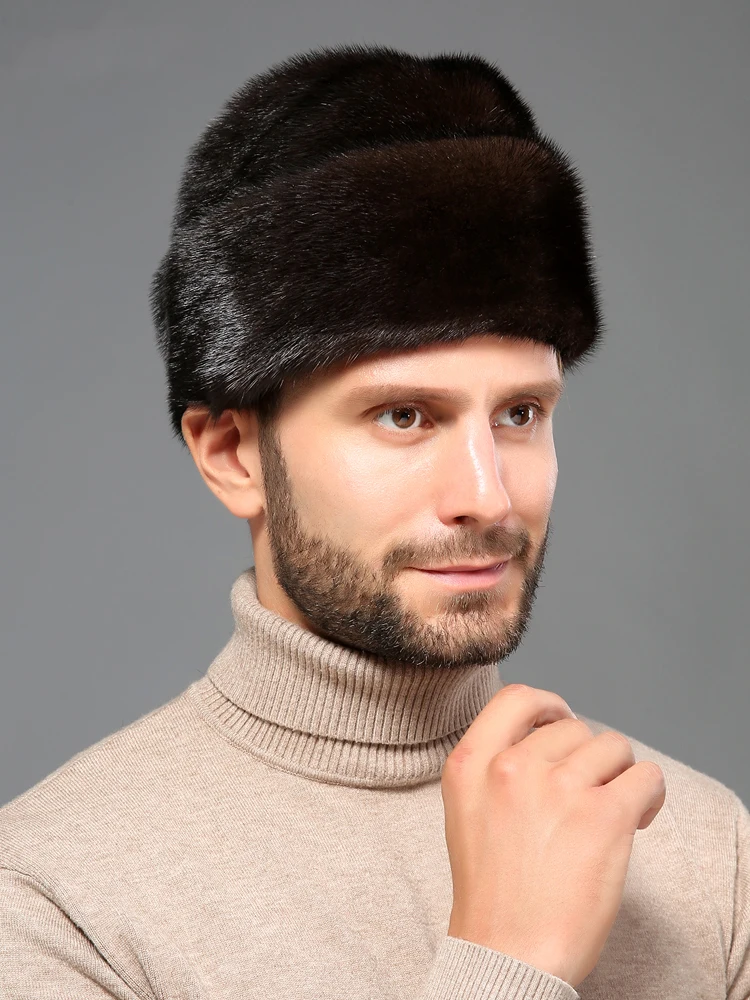 Настоящая цельная норковая меховая русская шапка для мужчин, Зимняя Теплая Шапка-бини для активного отдыха, черная, коричневая