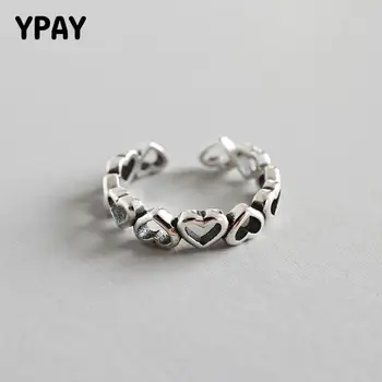 

YPAY Thai Silver Personalized Hollow Heart Love Rings for Ladies Girls Real 925 Sterling Silver Adjustable Ring Jewelry YMR601