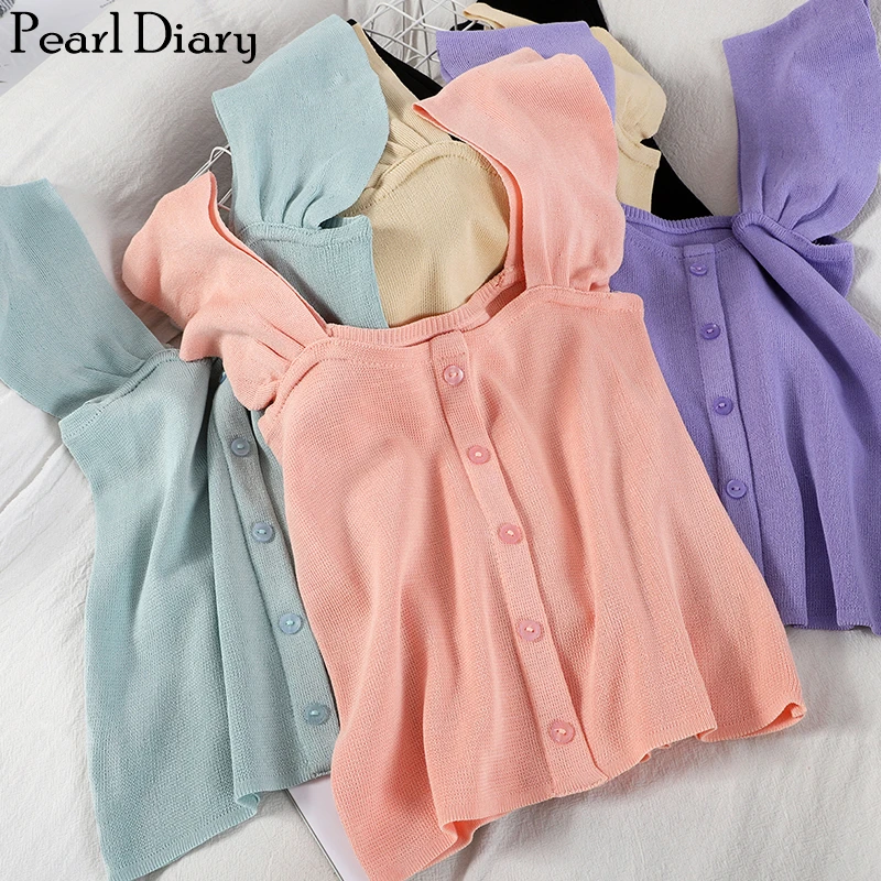 

Pearl Diary Women Knitted Tank Tops Candy Color Sleeveless Sweet Top Ruffle Strap Casual Buttoned Up Top Summer Women Clothes