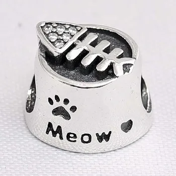 

Original Vintage Cat Bowl Meow With Crystal Bead Fit 925 Sterling Silver Bead Charm Bracelet Bangle DIY Jewelry