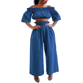 

Sexy Solid Slash Neck Denim Two Piece Set Pleated Pockets Women's Set Female Half Sleeve Ruffles Two Piece Outfits