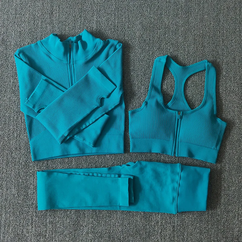 Seamless Women Yoga Set Workout Sportswear Gym Clothing Zipper Long Sleeve High Waist Leggings Fitness Bra Athletic Sports Suits