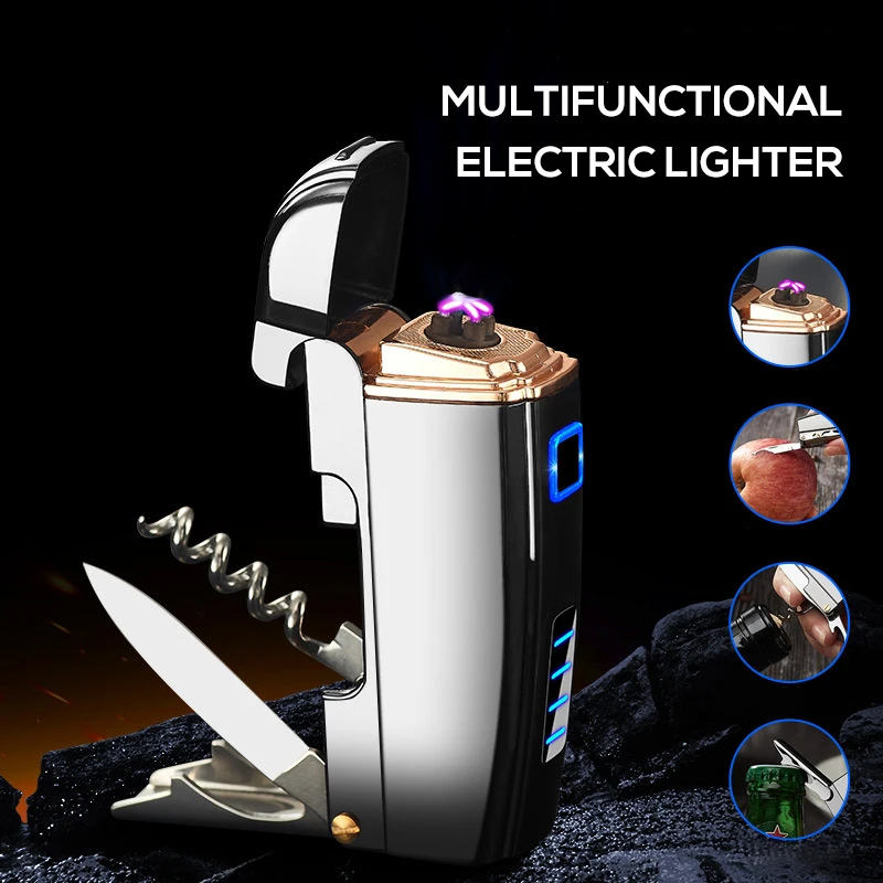 Multifunctional Electric Double Arc Lighter Windproof Rechargeable Ignitor Compact with Power Display Corkscrew Knife