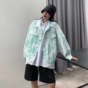 

Autumn Washed Retro Jeans Jacket Women Korea Casual Tie-dye Women Jacke Female BF Long Denim Jackets Coats Outerwear