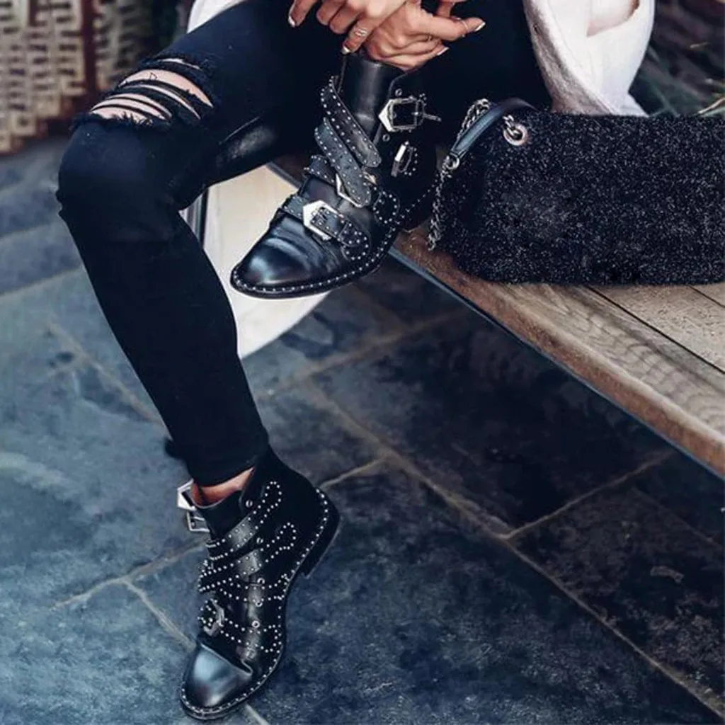 winter boots women Retro Leather Pointed Toe ankle boots high heels soft leather Cool Retro Belt Buckle Shoes#g3