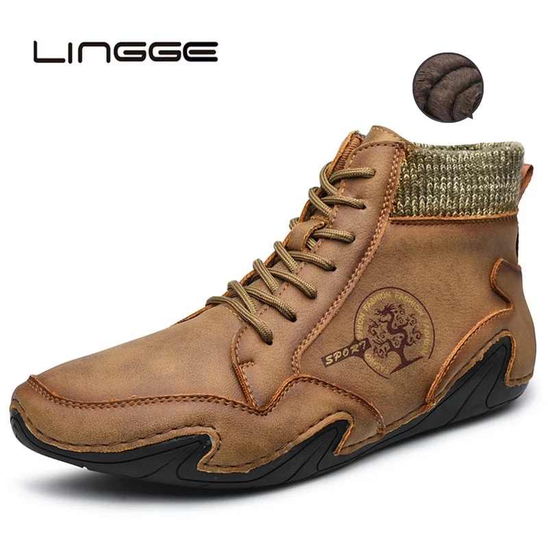 

LINGGE Handmade Men Winter Boots Men Snow Boots With Fur Warm Split Leather Men Winter Shoes Outdoor Men Boots 38-48