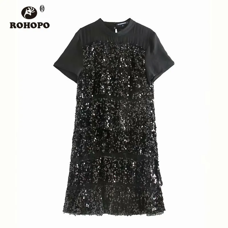 Черный ROHOPO/короткое черное мини-платье с блестками, с каскадными оборками, с сеткой, женские блестящие вечерние платья#9442 - Цвет: Черный