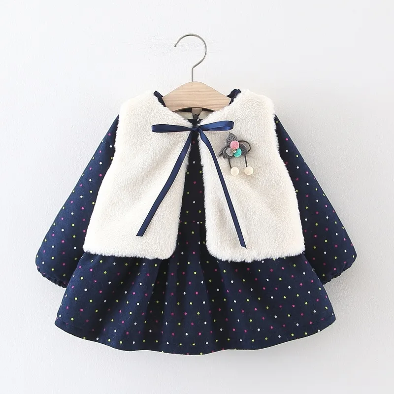 Navy blue Детские платья для новорожденных осень-зима платье принцессы с длинными рукавами+ жилет, 2 шт. наряды для новорожденных, для маленьких девочек в возрасте 1 года платье для дня рождения - Color: Navy blue