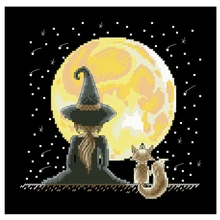 Little witch under the moon cross stitch kit design cotton silk thread 14ct 11ct black canvas embroidery DIY needlework
