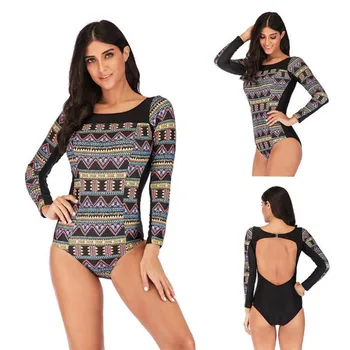 

2020 new large size one-piece swimsuit women sunscreen long sleeved striped printed swimwear women Black Red XXL Sexy Beachwear