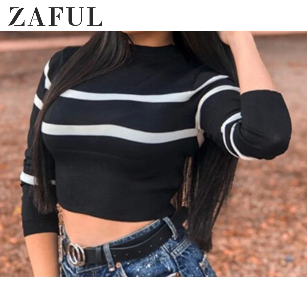 Женский полосатый свитер с круглым вырезом ZAFUL укороченный топ эластичной