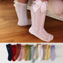 

0-7 Years Summer Kids Socks With Bow Baby Girls Long Sock Knee High Cotton Hollow Out Toddlers Socks Mesh Children Princess Sock