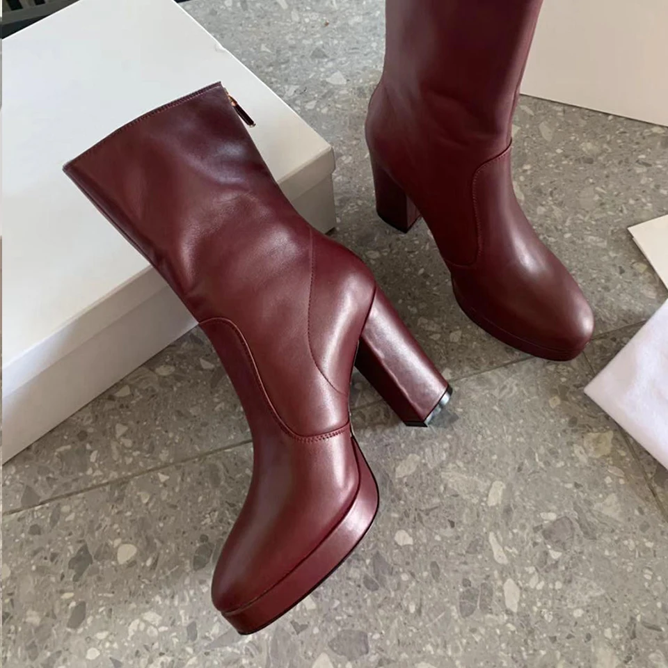 

BELLECOM 2019 Autumn and Winter New High-heeled Mid-cylinder Boots Coarse-heeled Leather Martin Boots Bare Boots