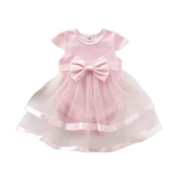 

Summer Baby Girls Solid Color Mesh Dress Cute Princess Shorts Sleeve Bow-knot Decoration One-piece Rompers