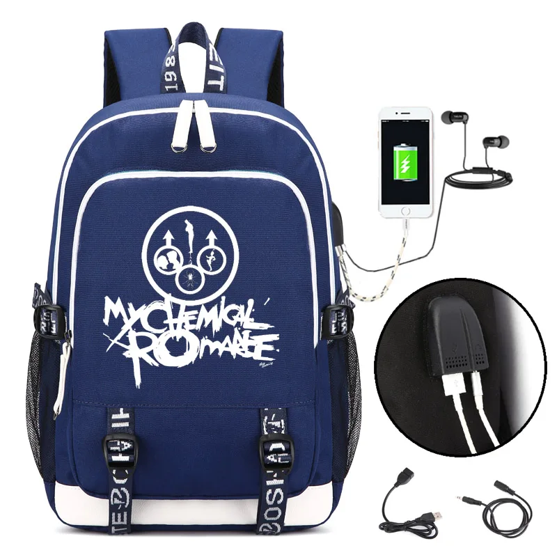 style1 blue Рюкзак My Chemical Romance в стиле панк с usb-портом для зарядки и замком и интерфейсом для наушников для студентов колледжа, мужчин и женщин - Цвет: style1 blue