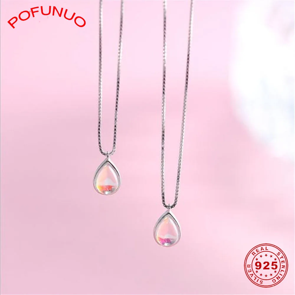 POFUNUO, женское 925 пробы Серебряное ожерелье, капля воды, луна, камень, подвеска, колье, ожерелье для девушек, любителей стильных ювелирных изделий, подарки