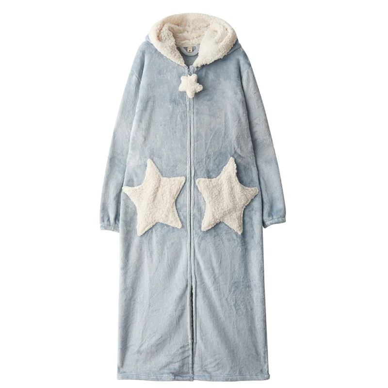 Autumn And Winter Robe Plus Long Robe Coral Velvet Couple Nightgown Thickening Five-pointed Star Pocket Hooded Long Home Robe