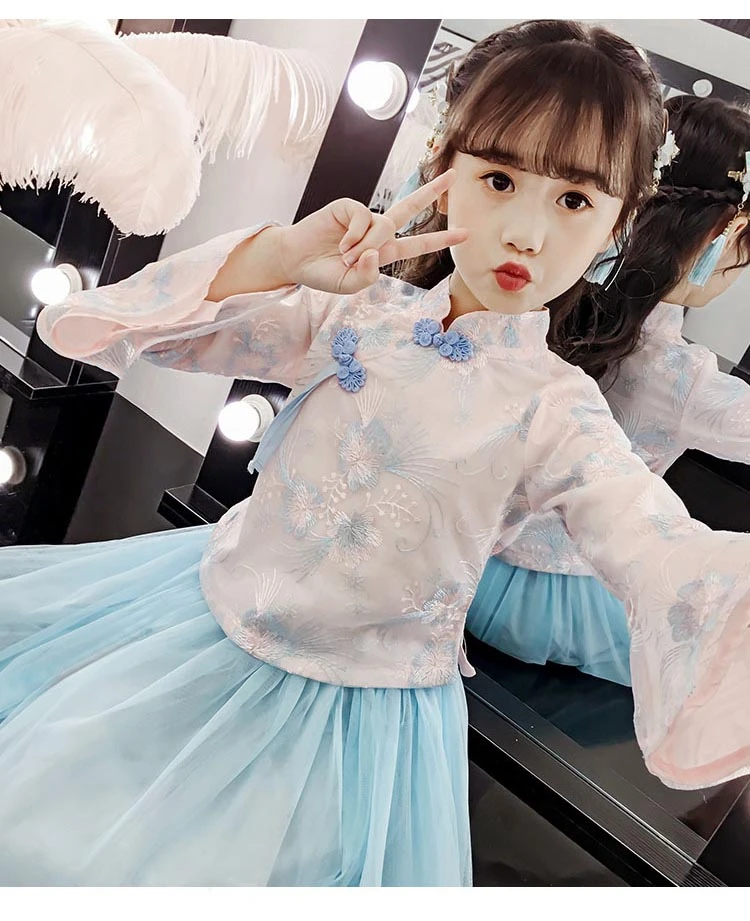 Hanfu/детский кружевной Чонсам; Ципао для девочек; Традиционный китайский новогодний костюм; восточные платья с длинными рукавами; платье для дня рождения