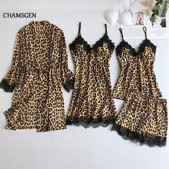 

CHAMSGEN Women Pajamas Sets Ladies Satin Sleepwear Silk 4 Pcs Sets Nightwear Pyjama Spaghetti Strap Lace Lounge Sets Pijama F61